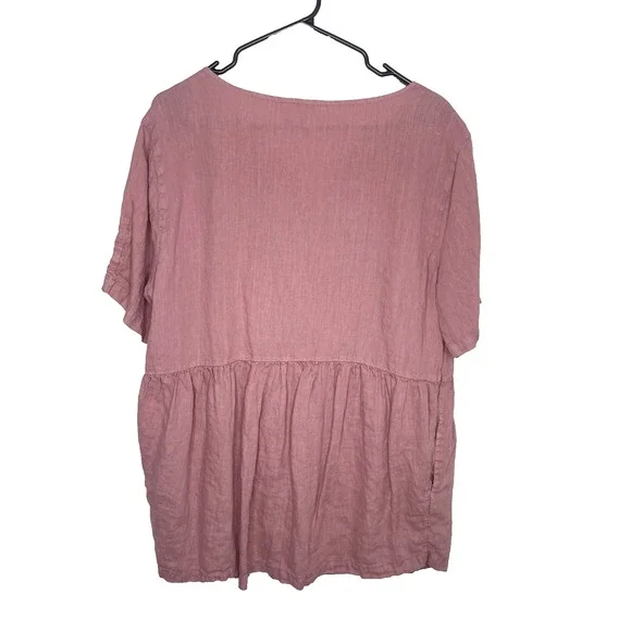 Linen Womens Blouse‎ Size L Short Sleeve Oversized Pink Boxy Top Boho Coastal - Picture 2 of 7